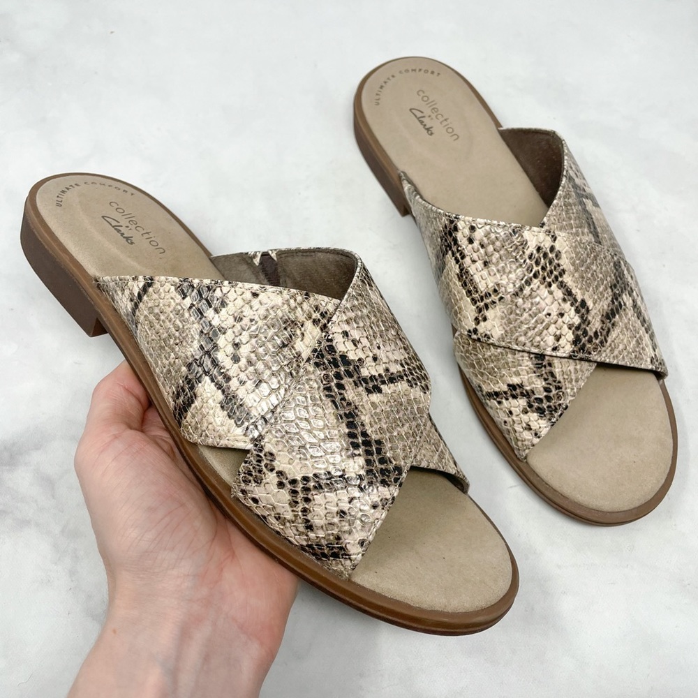 Clarks Collection Declan Ivy Python Snakeskin Padded Comfort Flat Mule Sandals